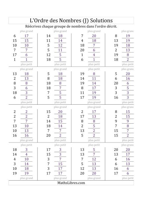 Classification en ordre des nombres entre 1 et 20 (J) page 2