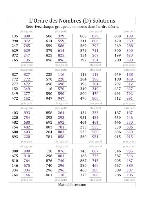 Classification en ordre des nombres entre 100 et 999 (D) page 2