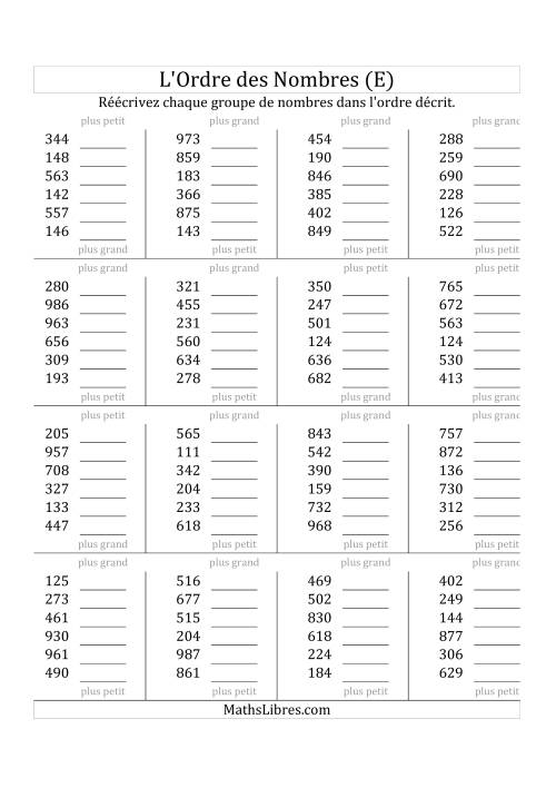 Classification en ordre des nombres entre 100 et 999 (E)