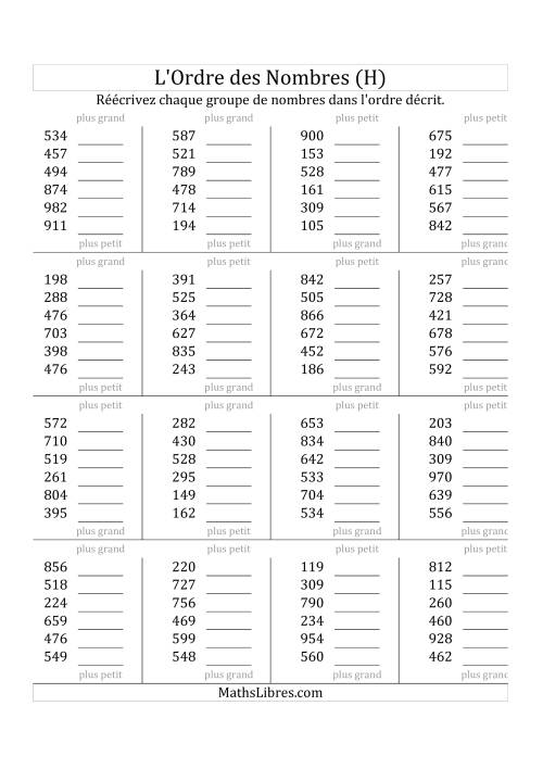 Classification en ordre des nombres entre 100 et 999 (H)