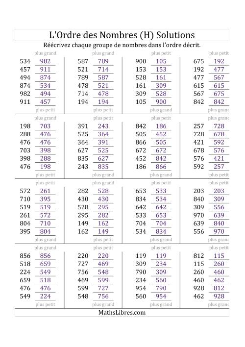 Classification en ordre des nombres entre 100 et 999 (H) page 2