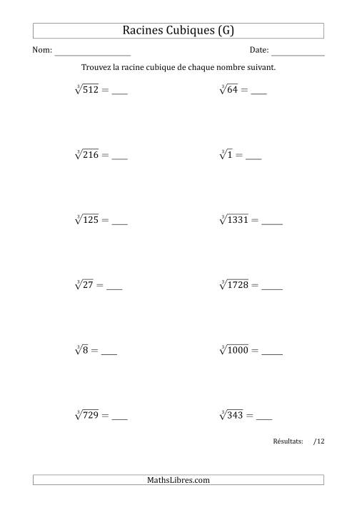 Racines Cubiques de 1 à 12 (G)