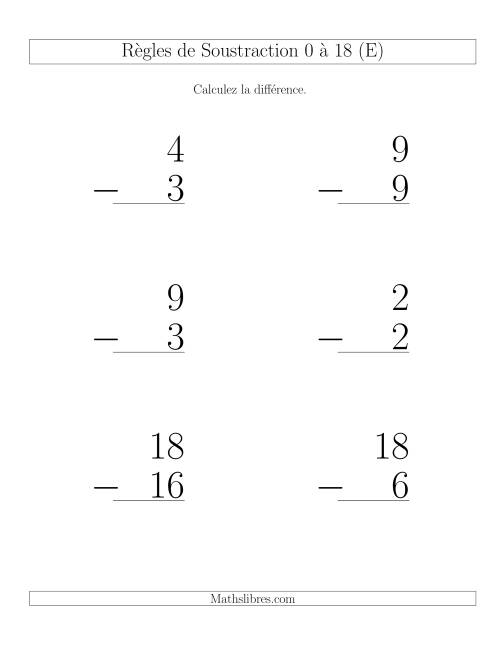 Règles de Soustraction 0 à 18 -- Verticale (6 par page) (E)