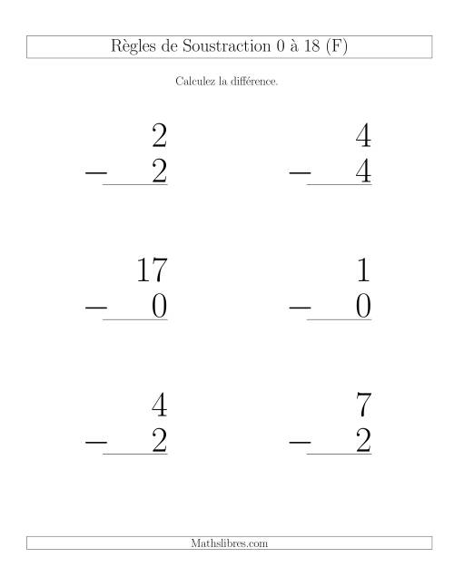 Règles de Soustraction 0 à 18 -- Verticale (6 par page) (F)