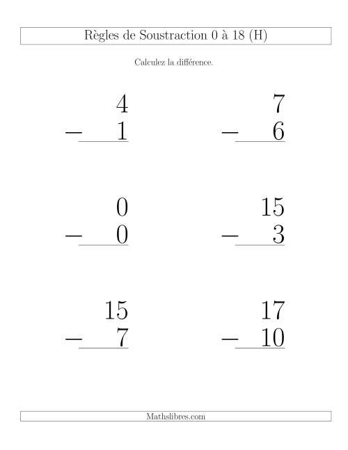 Règles de Soustraction 0 à 18 -- Verticale (6 par page) (H)