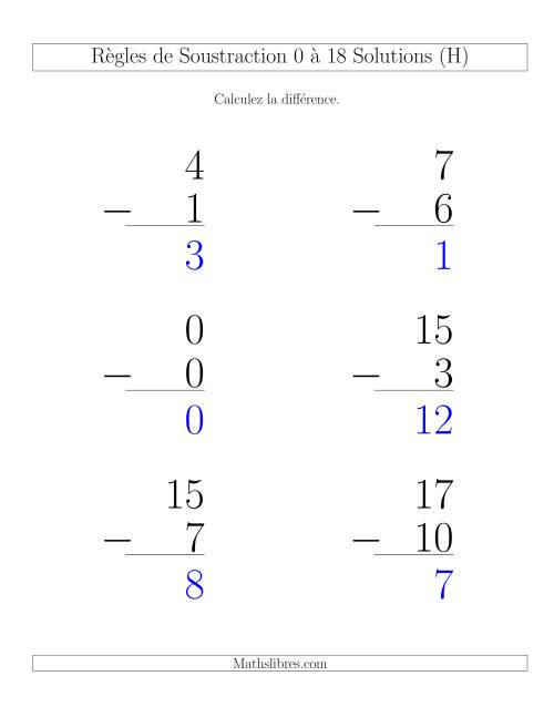 Règles de Soustraction 0 à 18 -- Verticale (6 par page) (H) page 2