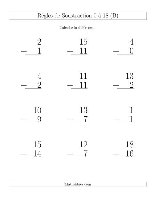 Règles de Soustraction 0 à 18 -- Verticale (12 par page) (B)
