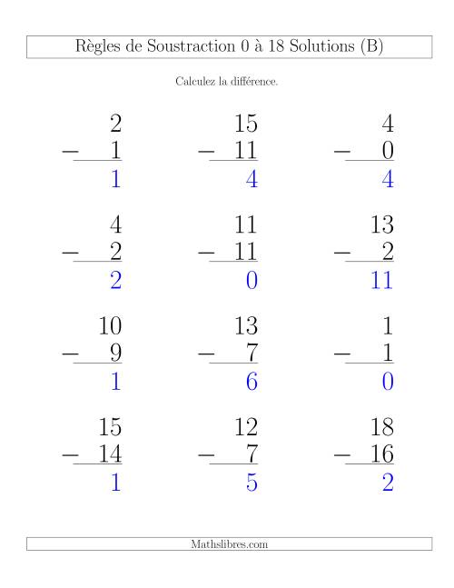 Règles de Soustraction 0 à 18 -- Verticale (12 par page) (B) page 2