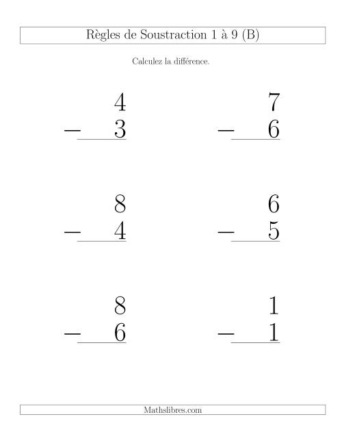 Règles de Soustraction 1 à 9 -- Verticale (6 par page) (B)