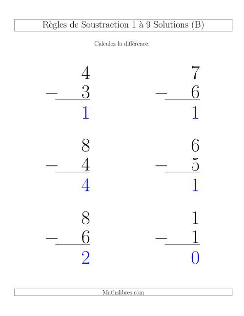 Règles de Soustraction 1 à 9 -- Verticale (6 par page) (B) page 2