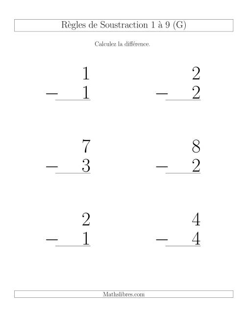 Règles de Soustraction 1 à 9 -- Verticale (6 par page) (G)