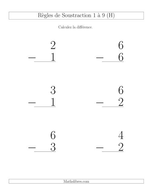 Règles de Soustraction 1 à 9 -- Verticale (6 par page) (H)