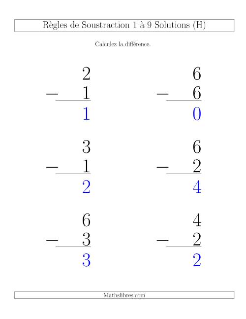 Règles de Soustraction 1 à 9 -- Verticale (6 par page) (H) page 2