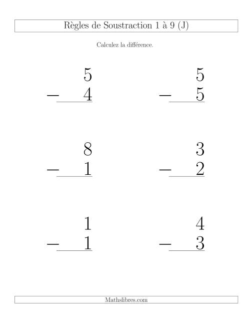 Règles de Soustraction 1 à 9 -- Verticale (6 par page) (J)