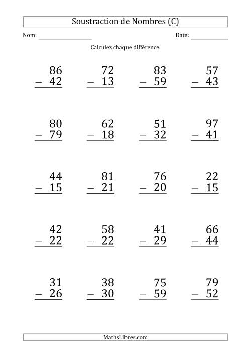Soustraction d'un Nombre à 2 Chiffres par un Nombre à 2 Chiffres (Gros Caractère) (C)