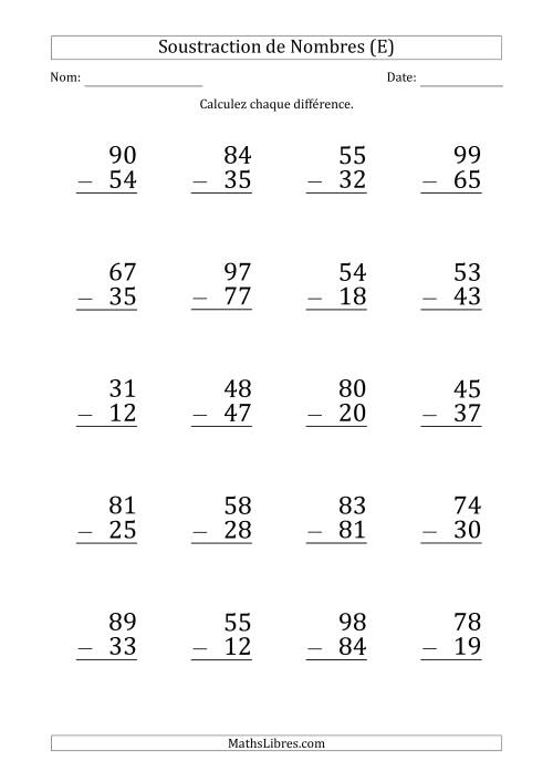 Soustraction d'un Nombre à 2 Chiffres par un Nombre à 2 Chiffres (Gros Caractère) (E)
