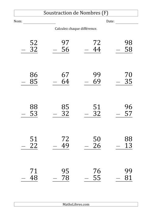 Soustraction d'un Nombre à 2 Chiffres par un Nombre à 2 Chiffres (Gros Caractère) (F)
