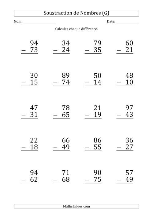 Soustraction d'un Nombre à 2 Chiffres par un Nombre à 2 Chiffres (Gros Caractère) (G)