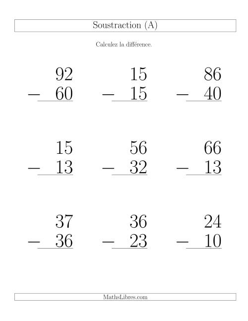 Soustraction de nombres à deux chiffres (sans retenue) (Gros Caractères)