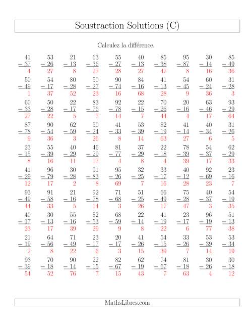 Soustraction de nombres à deux chiffres (toutes avec retenue) (C) page 2