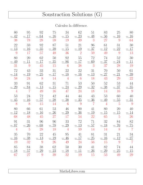 Soustraction de nombres à deux chiffres (toutes avec retenue) (G) page 2