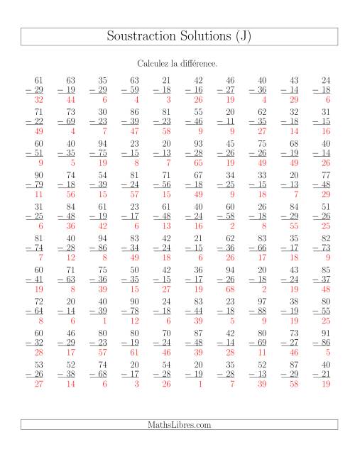 Soustraction de nombres à deux chiffres (toutes avec retenue) (J) page 2