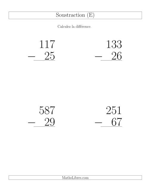 Soustraction Multi-Chiffres -- 3-chiffres moins 2-chiffres (6 par page) (E)