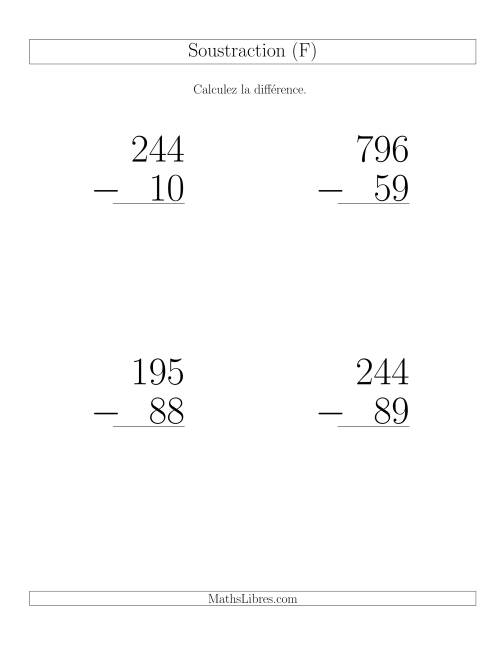 Soustraction Multi-Chiffres -- 3-chiffres moins 2-chiffres (6 par page) (F)