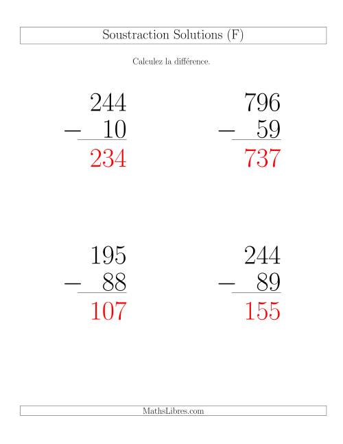 Soustraction Multi-Chiffres -- 3-chiffres moins 2-chiffres (6 par page) (F) page 2