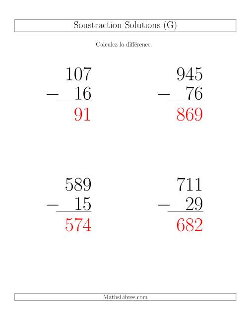 Soustraction Multi-Chiffres -- 3-chiffres moins 2-chiffres (6 par page) (G) page 2