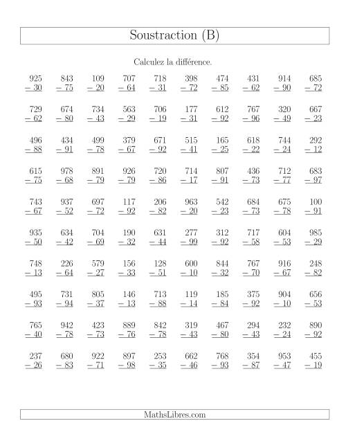 Soustraction Multi-Chiffres -- 3-chiffres moins 2-chiffres (100 par page) (B)