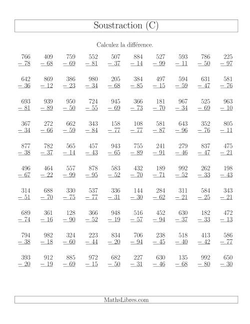 Soustraction Multi-Chiffres -- 3-chiffres moins 2-chiffres (100 par page) (C)
