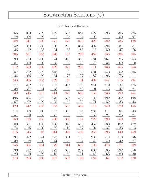 Soustraction Multi-Chiffres -- 3-chiffres moins 2-chiffres (100 par page) (C) page 2