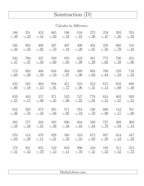 Soustraction Multi-Chiffres -- 3-chiffres moins 2-chiffres (100 par page) (D)