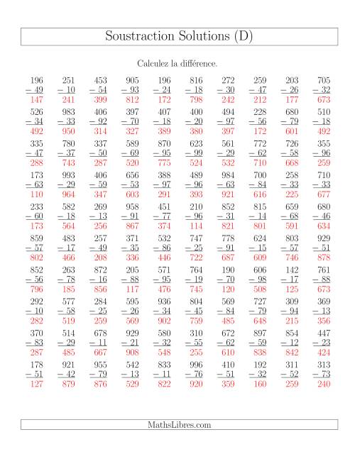 Soustraction Multi-Chiffres -- 3-chiffres moins 2-chiffres (100 par page) (D) page 2