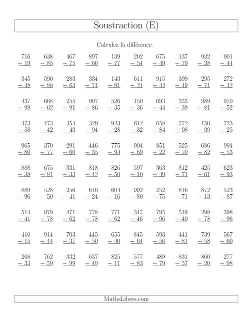 Soustraction Multi-Chiffres -- 3-chiffres moins 2-chiffres (100 par page) (E)