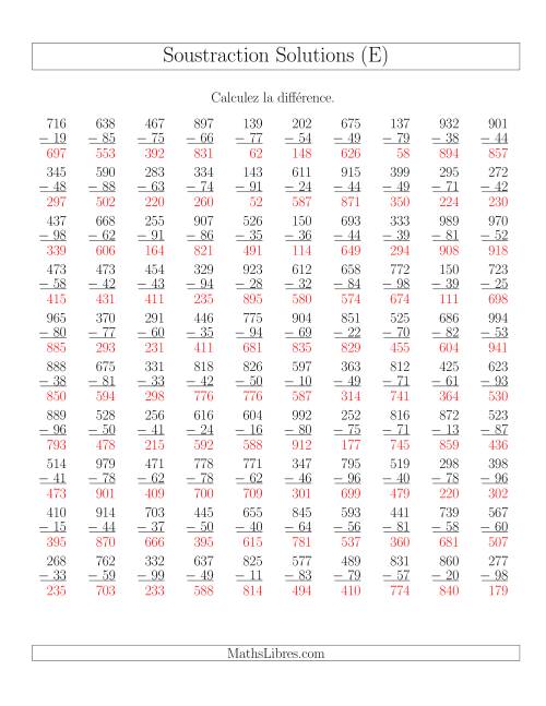 Soustraction Multi-Chiffres -- 3-chiffres moins 2-chiffres (100 par page) (E) page 2