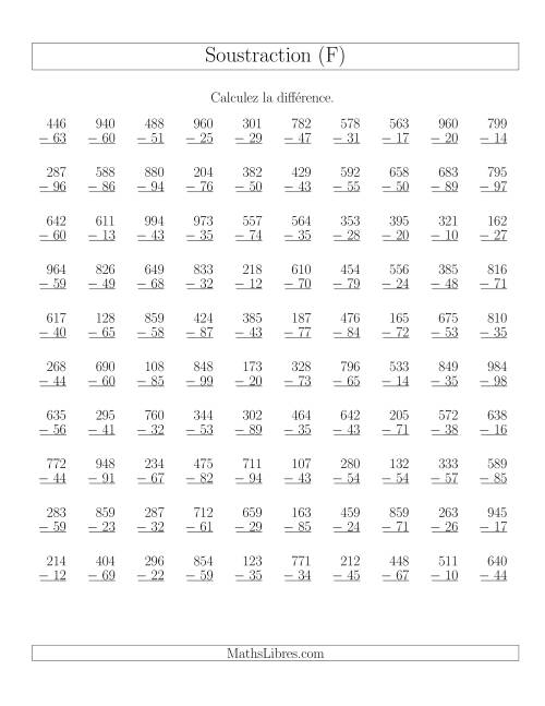 Soustraction Multi-Chiffres -- 3-chiffres moins 2-chiffres (100 par page) (F)