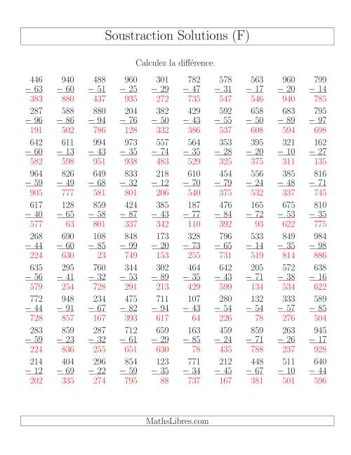 Soustraction Multi-Chiffres -- 3-chiffres moins 2-chiffres (100 par page) (F) page 2