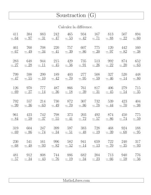 Soustraction Multi-Chiffres -- 3-chiffres moins 2-chiffres (100 par page) (G)