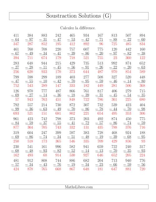 Soustraction Multi-Chiffres -- 3-chiffres moins 2-chiffres (100 par page) (G) page 2