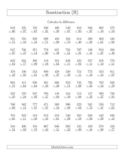Soustraction Multi-Chiffres -- 3-chiffres moins 2-chiffres (100 par page) (H)