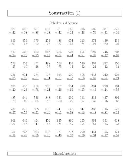 Soustraction Multi-Chiffres -- 3-chiffres moins 2-chiffres (100 par page) (I)