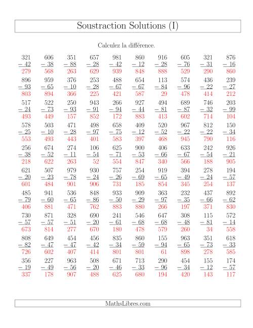 Soustraction Multi-Chiffres -- 3-chiffres moins 2-chiffres (100 par page) (I) page 2
