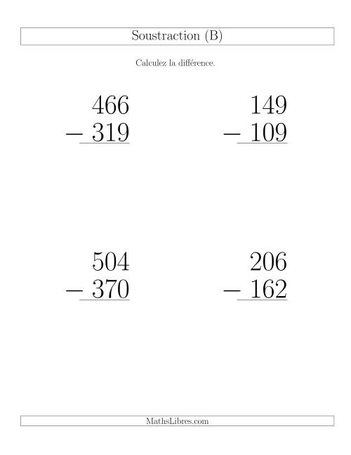 Soustraction Multi-Chiffres -- 3-chiffres moins 3-chiffres (6 par page) (B)