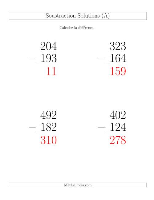 Soustraction Multi-Chiffres -- 3-chiffres moins 3-chiffres (6 par page) (Gros Caractères) page 2