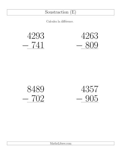 Soustraction Multi-Chiffres -- 4-chiffres moins 3-chiffres (6 par page) (E)