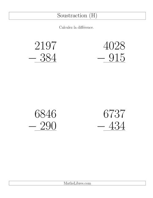 Soustraction Multi-Chiffres -- 4-chiffres moins 3-chiffres (6 par page) (H)