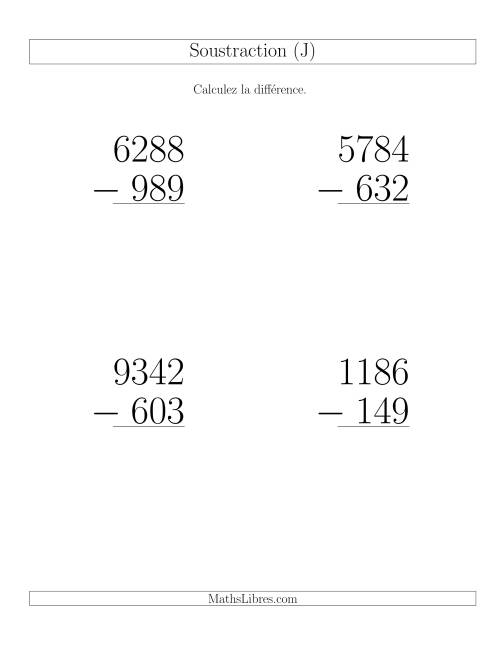 Soustraction Multi-Chiffres -- 4-chiffres moins 3-chiffres (6 par page) (J)