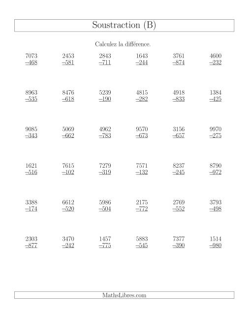 Soustraction Multi-Chiffres -- 4-chiffres moins 3-chiffres (36 par page) (B)